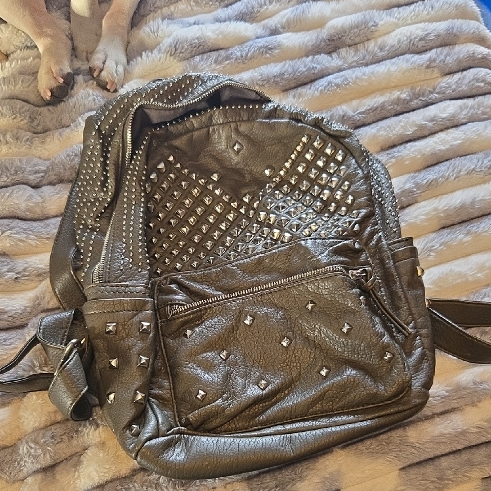 Studded Army Green Leather Backpack